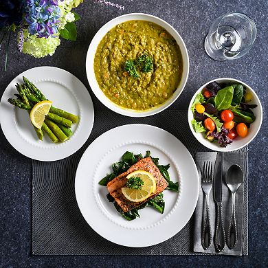 Gibson Elite Embossed Bone China Double Bowl Dinnerware Set, 16 Piece - White