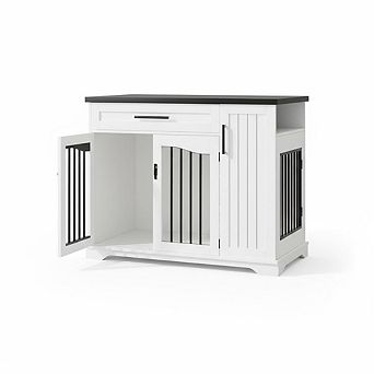 Heavy-Duty Wooden Dog Crate Furniture with Storage & Feeding Bowls