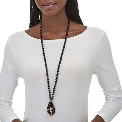 Black Glass Beaded Goldtone Tree Pendant Necklace 34-inch