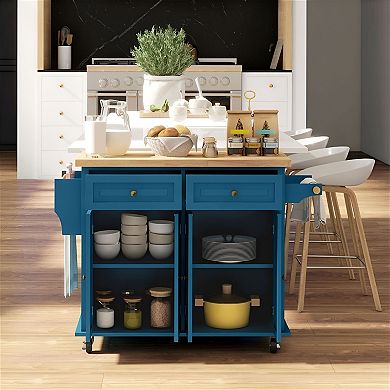 Modern Kitchen Cart with Cabinets, Rubberwood Top and Locking Casters
