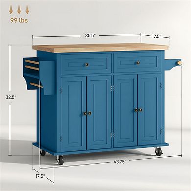 Modern Kitchen Cart with Cabinets, Rubberwood Top and Locking Casters
