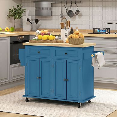 Modern Kitchen Cart with Cabinets, Rubberwood Top and Locking Casters