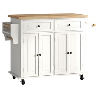 Modern Kitchen Cart with Cabinets, Rubberwood Top and Locking Casters