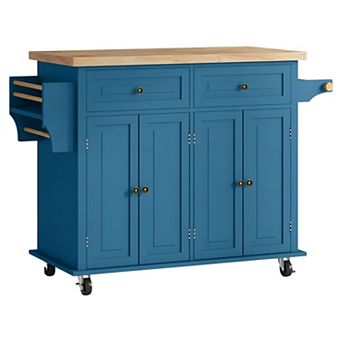 Modern Kitchen Cart with Cabinets, Rubberwood Top and Locking Casters