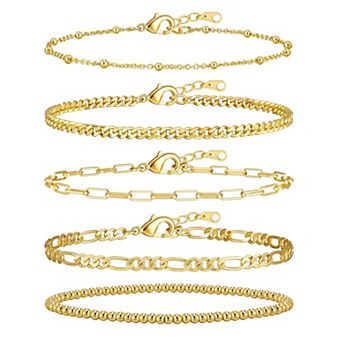 5 pc Gold Stackable Bracelets, Waterproof & Ideal Gift