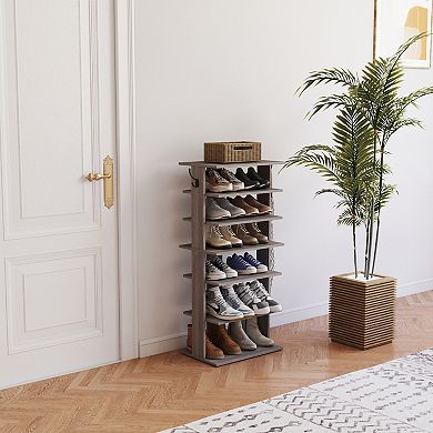 6-Tier Vertical Shoe Rack with Hooks, Ideal for Entryway Closet, for Small Apartments