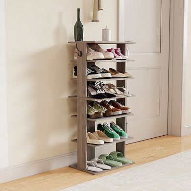 6-Tier Vertical Shoe Rack with Hooks, Ideal for Entryway Closet, for Small Apartments