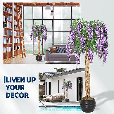 4ft purple silk bean flower tree, cement pot, for home, office, wedding.