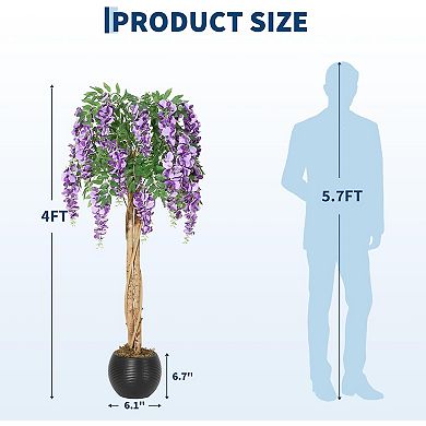 4ft purple silk bean flower tree, cement pot, for home, office, wedding.