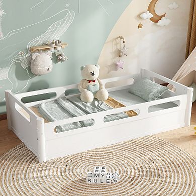 Heybly Low Profile Wood Twin Size Floor Platform Bed with Guardrails with Slats Support