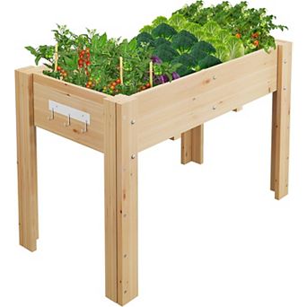 Elevated Wooden Raised Garden Bed 47x22x30 in with Liner, Legs & Hooks for Patio, Natural