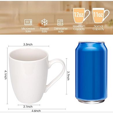 Zoulao 6-Pack White Ceramic Coffee Mugs, 12 oz, Dishwasher & Microwave Safe.
