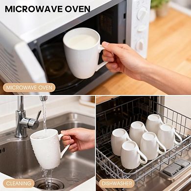 Zoulao 6-Pack White Ceramic Coffee Mugs, 12 oz, Dishwasher & Microwave Safe.