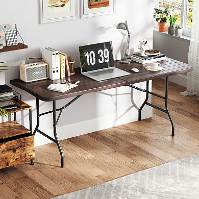 6 Foot Folding Table with HDPE Wood Grain Top and Locking Legs