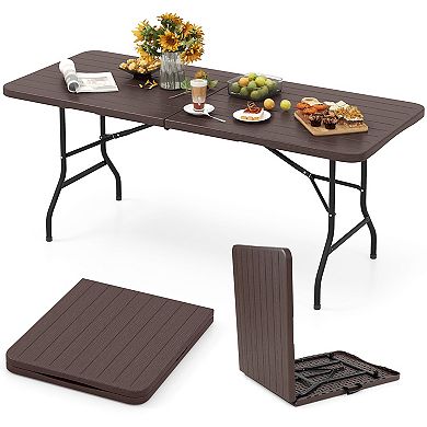 6 Foot Folding Table with HDPE Wood Grain Top and Locking Legs