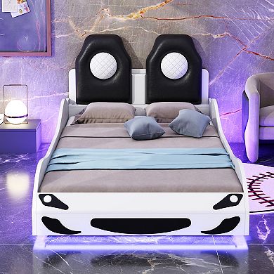 Heybly Wood Twin Race Car Bed with LED Lights, Upholstered Backrest & Safety Rails