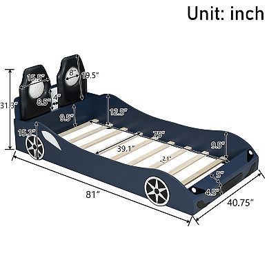 Heybly Wood Twin Race Car Bed with LED Lights, Upholstered Backrest & Safety Rails