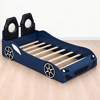 Heybly Wood Twin Race Car Bed with LED Lights, Upholstered Backrest & Safety Rails