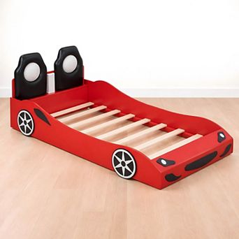 Heybly Wood Twin Race Car Bed with LED Lights, Upholstered Backrest & Safety Rails