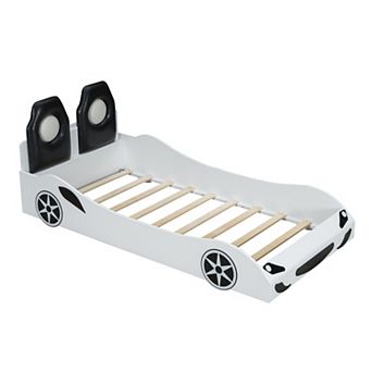 Heybly Wood Twin Race Car Bed with LED Lights, Upholstered Backrest & Safety Rails