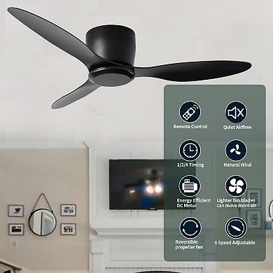 Modern 3 Blades Flush Mount Standard Ceiling Fan with Integrated LED and Remote