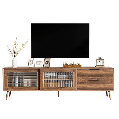 Large TV Stand with Sliding Glass Doors and Drawers, Living Room Media Console