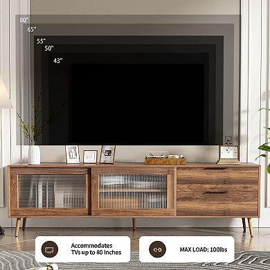 Large TV Stand with Sliding Glass Doors and Drawers, Living Room Media Console