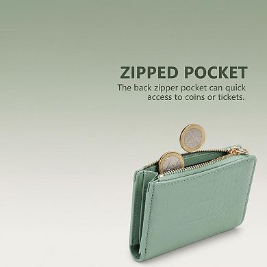 ZUQIETA RFID Slim Bifold Wallet Crocodile Faux Leather Card Holder with ID Window & Zip
