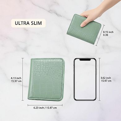 ZUQIETA RFID Slim Bifold Wallet Crocodile Faux Leather Card Holder with ID Window & Zip