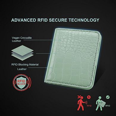 ZUQIETA RFID Slim Bifold Wallet Crocodile Faux Leather Card Holder with ID Window & Zip