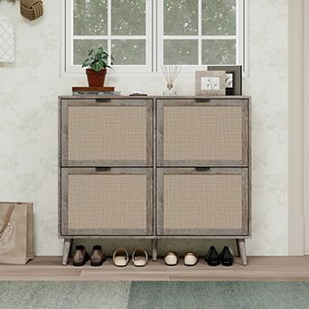 4-Drawer Rattan Shoe Cabinet with Flip-Down Storage,for Entryway Hallway