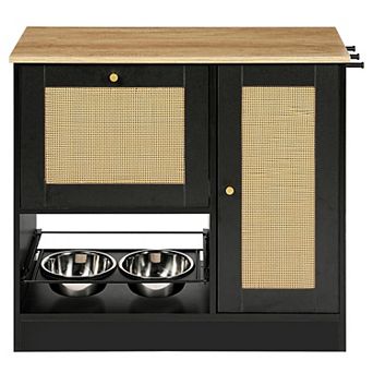 Feeding Station with Two Storage Cabinets, Equipped with Dog Bowls, Side Hooks and Rattan Doors