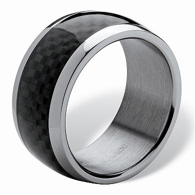 Men's Black Ion-Plated Stainless Steel Checkerboard Motif Wedding Band Ring