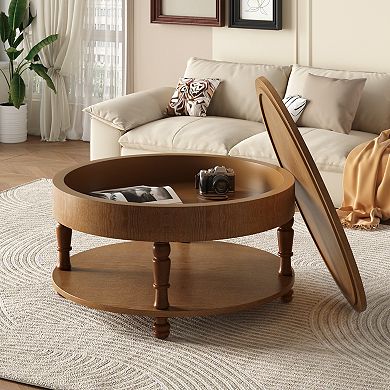 KWPZQEB American Country Style Coffee Table with Hidden Storage Compartment, Round