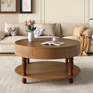 KWPZQEB American Country Style Coffee Table with Hidden Storage Compartment, Round