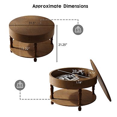 KWPZQEB American Country Style Coffee Table with Hidden Storage Compartment, Round
