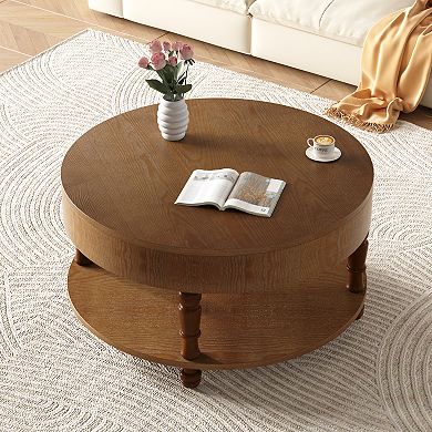 KWPZQEB American Country Style Coffee Table with Hidden Storage Compartment, Round