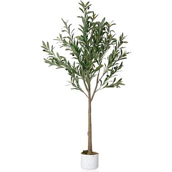 4.5 ft Faux Olive Tree with White Planter, Artificial Plant with Realistic Leaves & Fruits