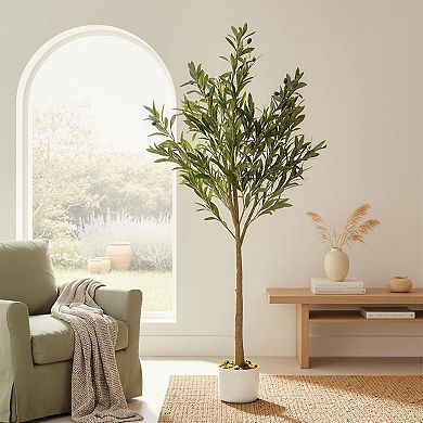 4.5 ft Faux Olive Tree with White Planter, Artificial Plant with Realistic Leaves & Fruits