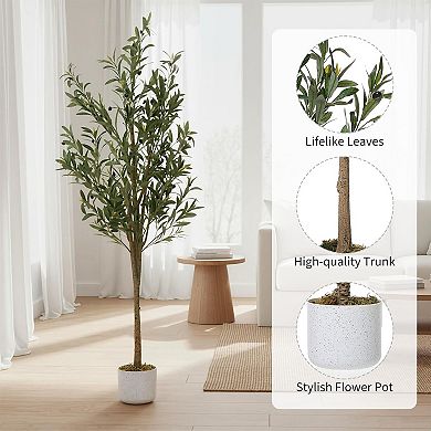 4.5 ft Faux Olive Tree with White Planter, Artificial Plant with Realistic Leaves & Fruits