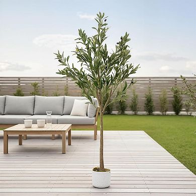 4.5 ft Faux Olive Tree with White Planter, Artificial Plant with Realistic Leaves & Fruits