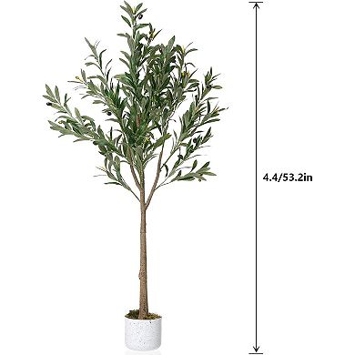 4.5 ft Faux Olive Tree with White Planter, Artificial Plant with Realistic Leaves & Fruits