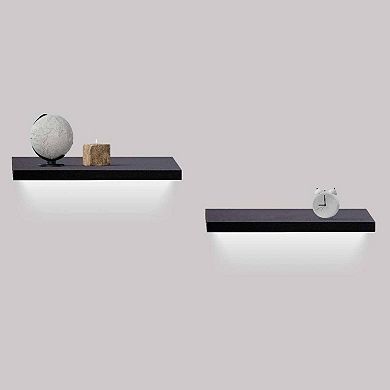 2 Pack Floating Wood Shelves with Invisible Brackets and Built-in LED Lighting