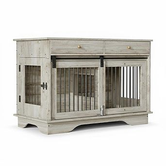 Dog Kennel Furniture, Wooden Dog Crate End Table with Sliding Barn Door