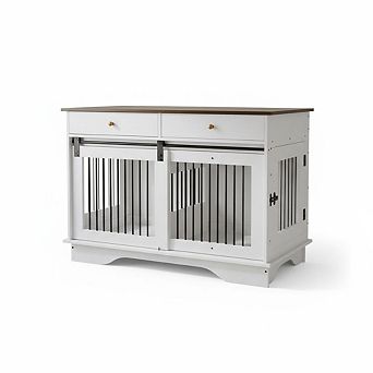 Dog Kennel Furniture, Wooden Dog Crate End Table with Sliding Barn Door