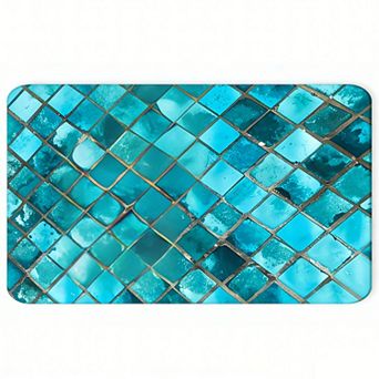 Blue Green Watercolor Tile Floor Mat, Anti-Slip Modern Stylish Rug
