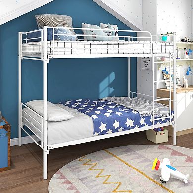 KWPZQEB Minimal Metal Frame Twin-Over-Twin Bunk Bed with Ladder & Guardrails