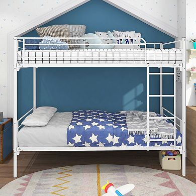 KWPZQEB Minimal Metal Frame Twin-Over-Twin Bunk Bed with Ladder & Guardrails