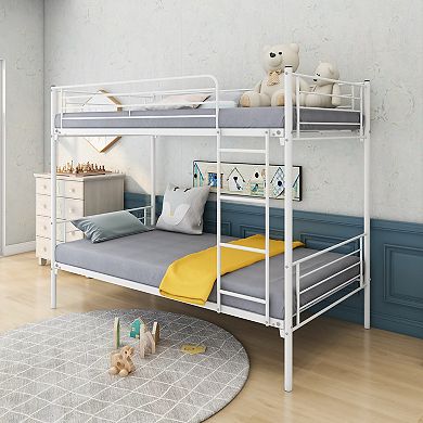 KWPZQEB Minimal Metal Frame Twin-Over-Twin Bunk Bed with Ladder & Guardrails
