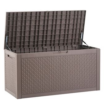 100 Gallon Outdoor Storage Box with Flat Lid for Patio Cushions, Tools, and Pool Accessories Grey